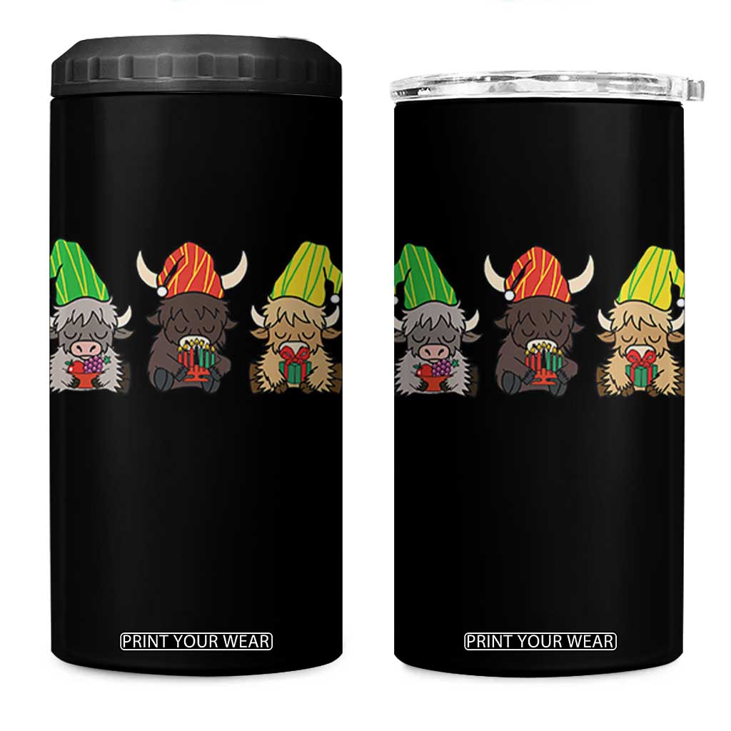 Funny Highland Cow With Kinara And Presents Cultural Pride Gift 4 in 1 Can Cooler Tumbler TS12 One Size: 16 oz Black Print Your Wear