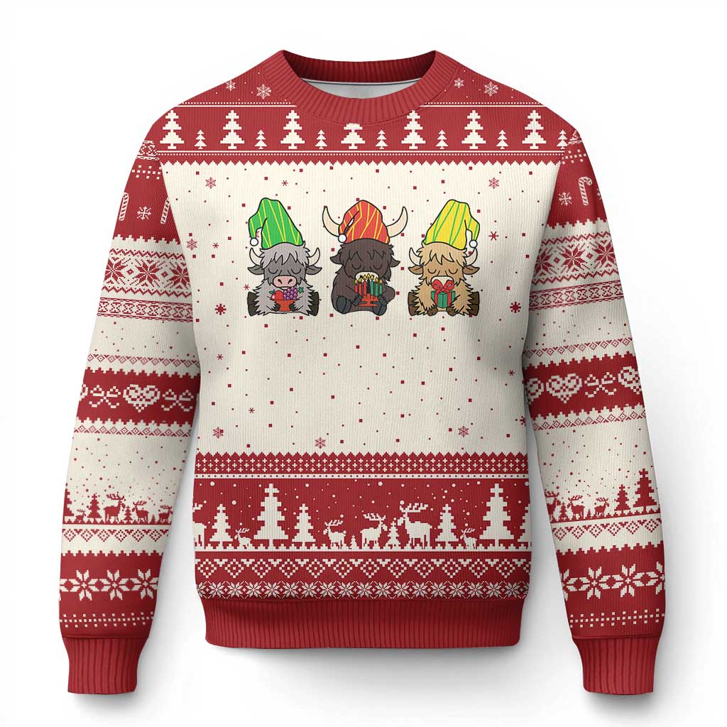 Funny Highland Cow With Kinara And Presents Cultural Pride Gift Ugly Christmas Sweater TS12 Beige Red Print Your Wear