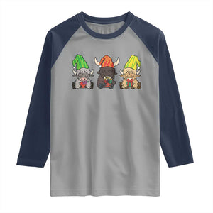 Funny Highland Cow With Kinara And Presents Cultural Pride Gift Raglan Shirt TS12 Sport Gray Navy Print Your Wear