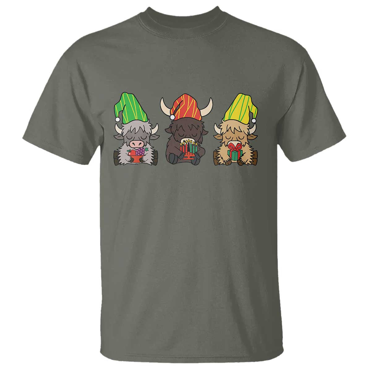 Funny Highland Cow With Kinara And Presents Cultural Pride Gift T Shirt TS12 Military Green Print Your Wear