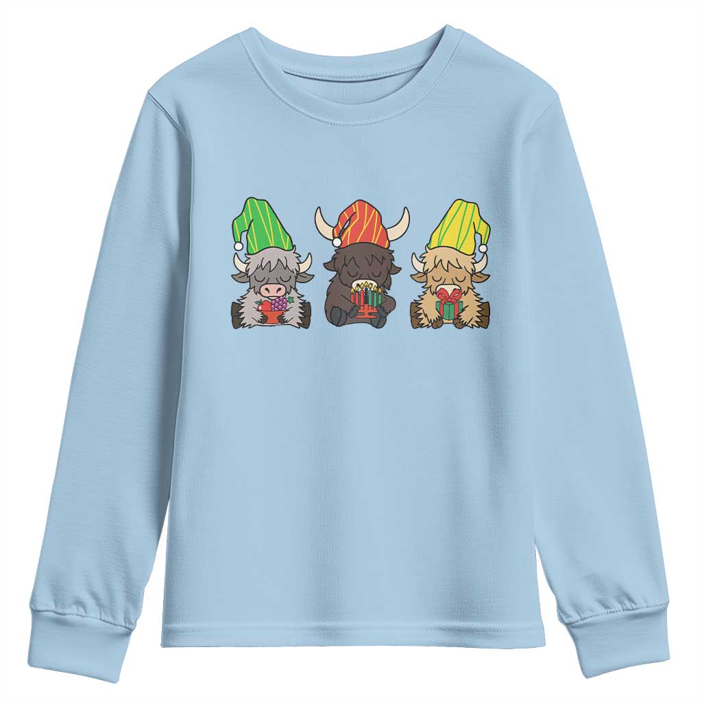 Funny Highland Cow With Kinara And Presents Cultural Pride Gift Youth Sweatshirt TS12 Light Blue Print Your Wear