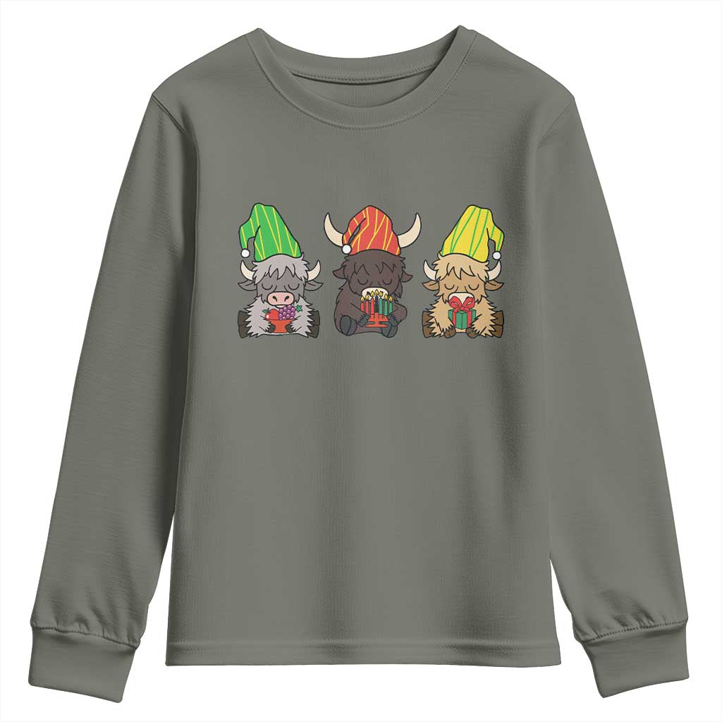 Funny Highland Cow With Kinara And Presents Cultural Pride Gift Youth Sweatshirt TS12 Military Green Print Your Wear