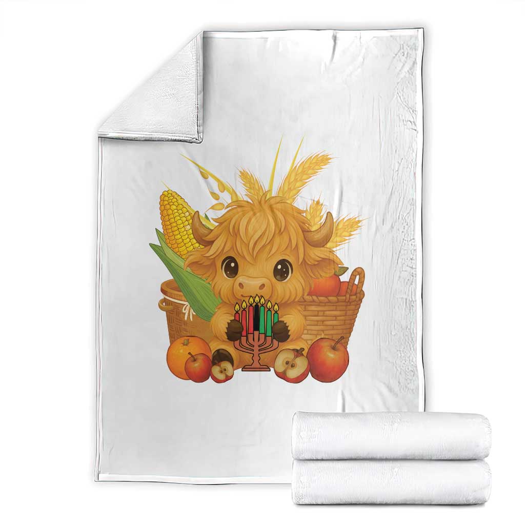 Cute Highland Cow With Kwanzaa Kinara And Presents Throw Blanket African Heritage Gift TS12 White Print Your Wear