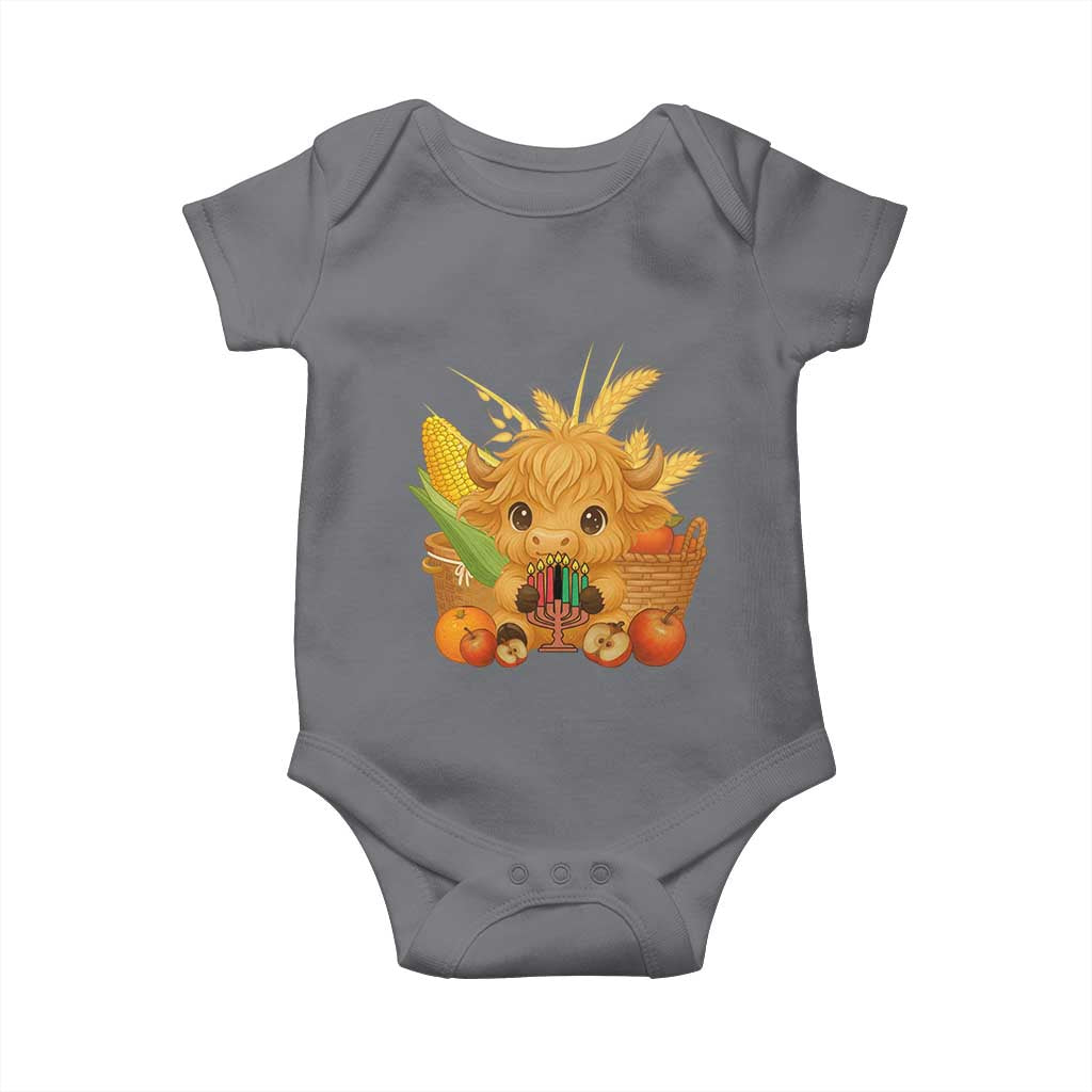 Cute Highland Cow With Kwanzaa Kinara And Presents Baby Onesie African Heritage Gift TS12 Charcoal Print Your Wear