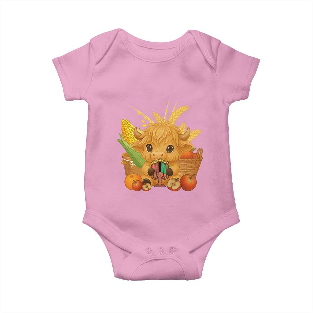 Cute Highland Cow With Kwanzaa Kinara And Presents Baby Onesie African Heritage Gift TS12 Light Pink Print Your Wear