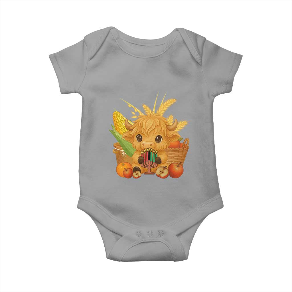 Cute Highland Cow With Kwanzaa Kinara And Presents Baby Onesie African Heritage Gift TS12 Sport Gray Print Your Wear