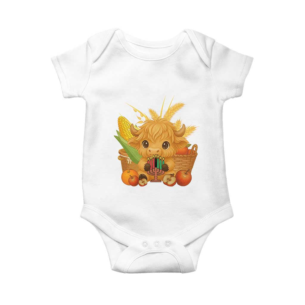 Cute Highland Cow With Kwanzaa Kinara And Presents Baby Onesie African Heritage Gift TS12 White Print Your Wear