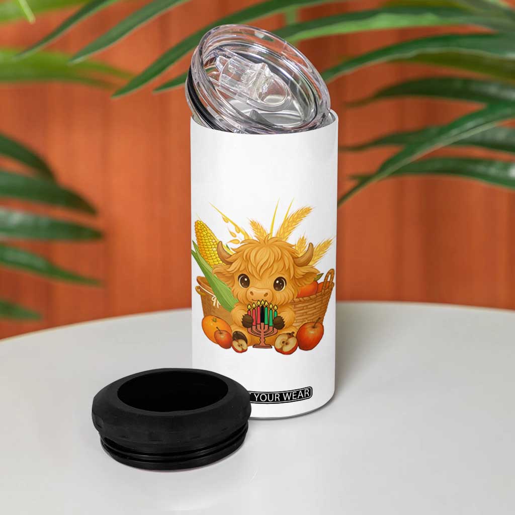 Cute Highland Cow With Kwanzaa Kinara And Presents 4 in 1 Can Cooler Tumbler African Heritage Gift TS12 Print Your Wear