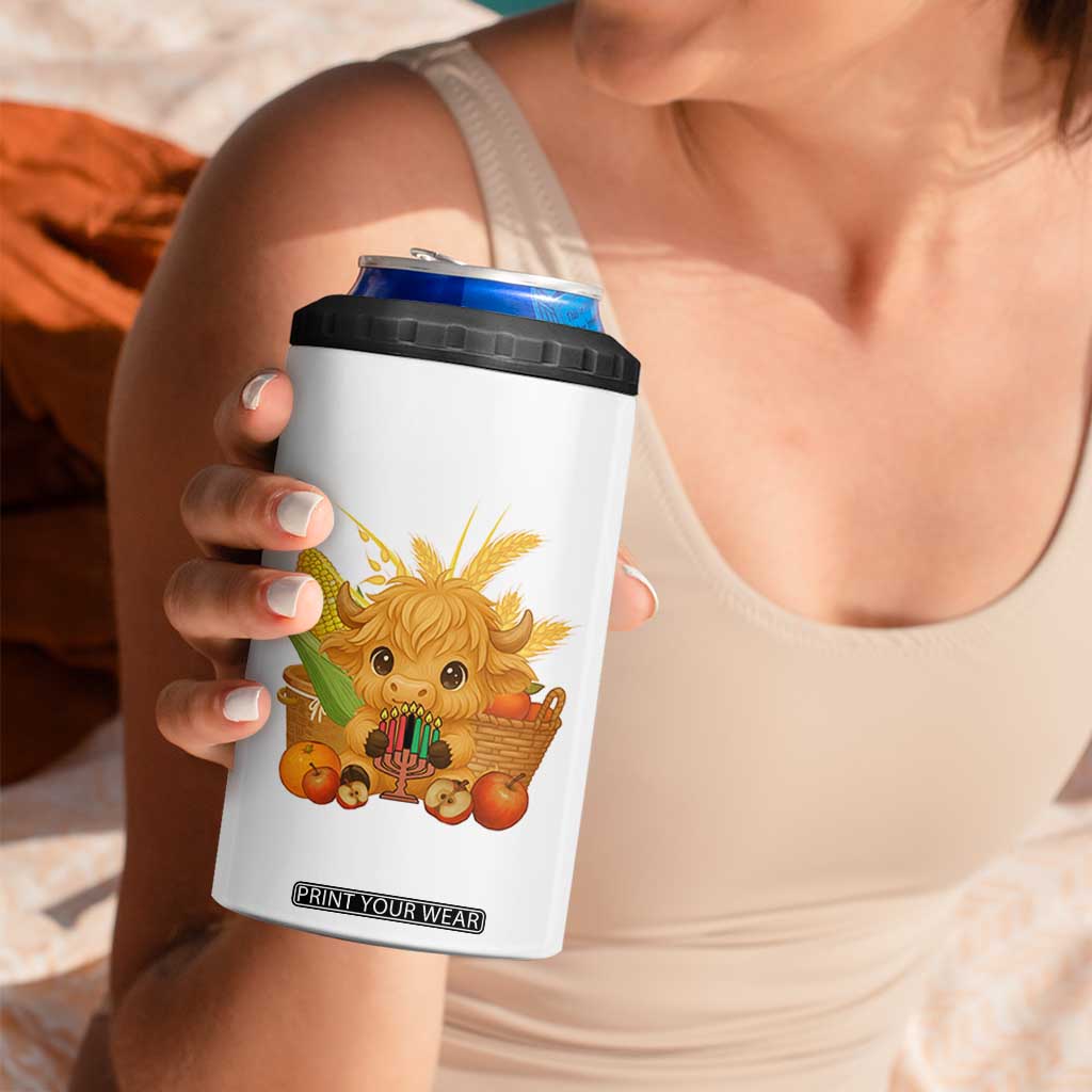 Cute Highland Cow With Kwanzaa Kinara And Presents 4 in 1 Can Cooler Tumbler African Heritage Gift TS12 Print Your Wear