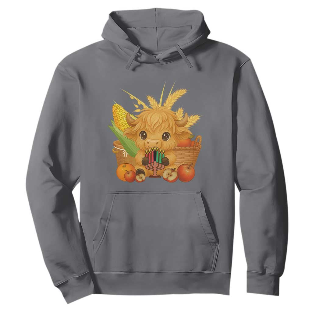 Cute Highland Cow With Kwanzaa Kinara And Presents Hoodie African Heritage Gift TS12 Charcoal Print Your Wear