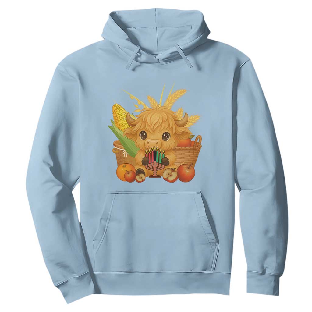 Cute Highland Cow With Kwanzaa Kinara And Presents Hoodie African Heritage Gift TS12 Light Blue Print Your Wear