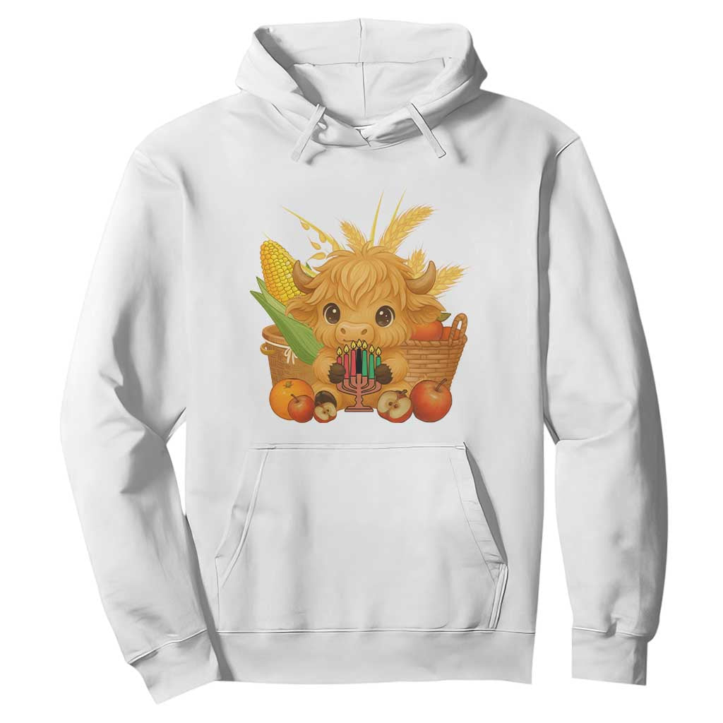 Cute Highland Cow With Kwanzaa Kinara And Presents Hoodie African Heritage Gift TS12 White Print Your Wear