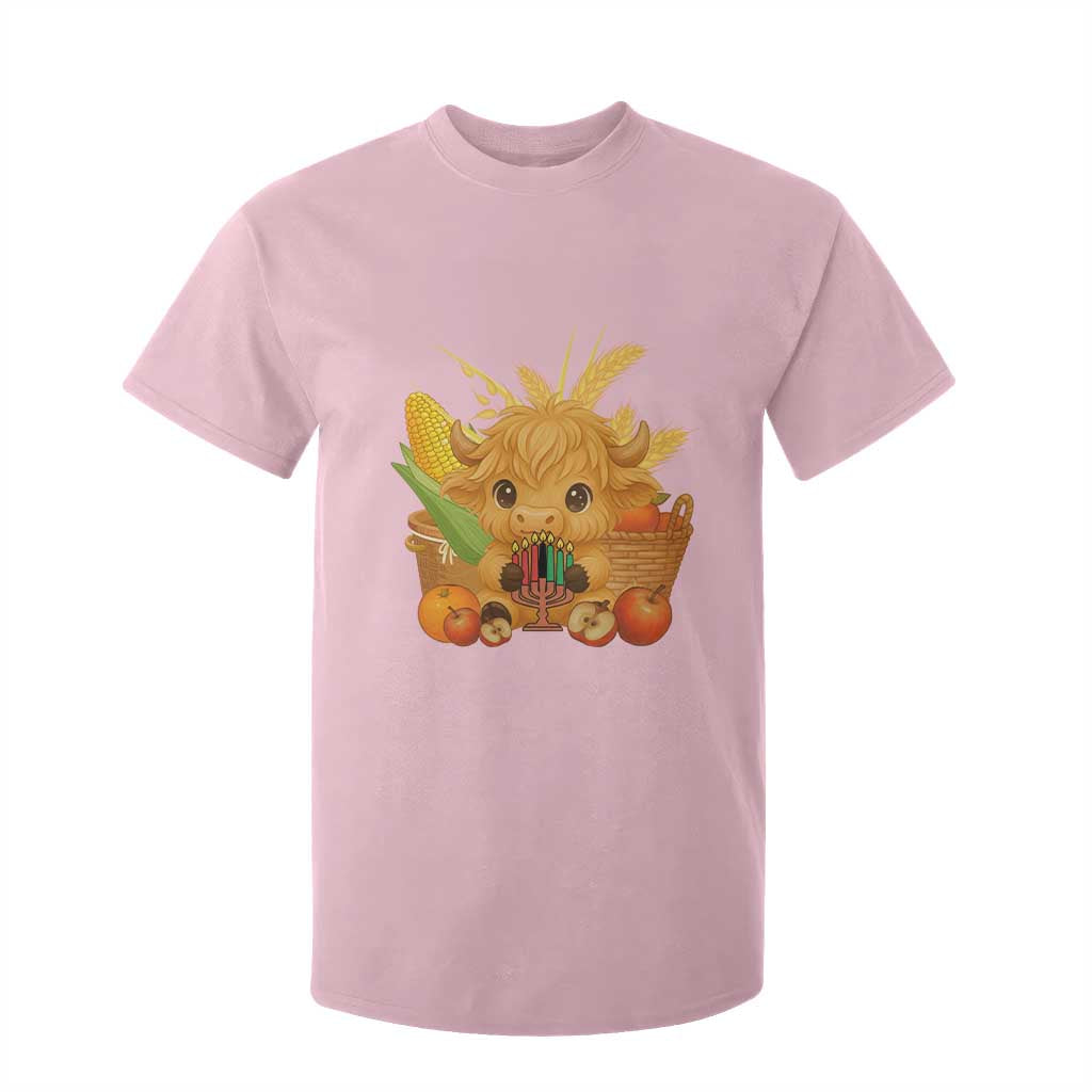 Cute Highland Cow With Kwanzaa Kinara And Presents T Shirt For Kid African Heritage Gift TS12 Light Pink Print Your Wear