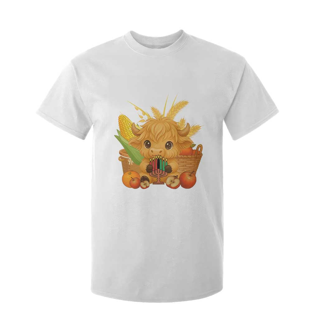 Cute Highland Cow With Kwanzaa Kinara And Presents T Shirt For Kid African Heritage Gift TS12 White Print Your Wear