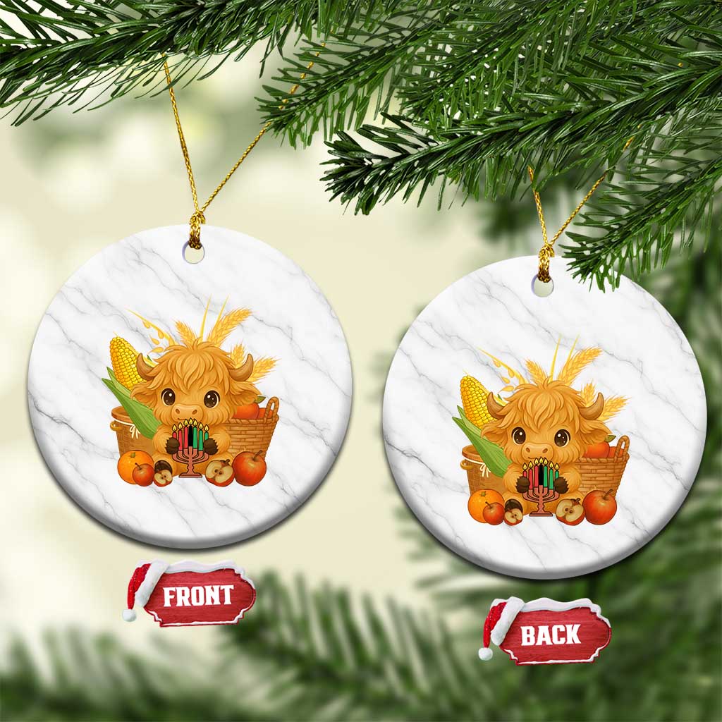 Cute Highland Cow With Kwanzaa Kinara And Presents Ceramic Ornament African Heritage Gift TS12 1pc White Marble Print Your Wear