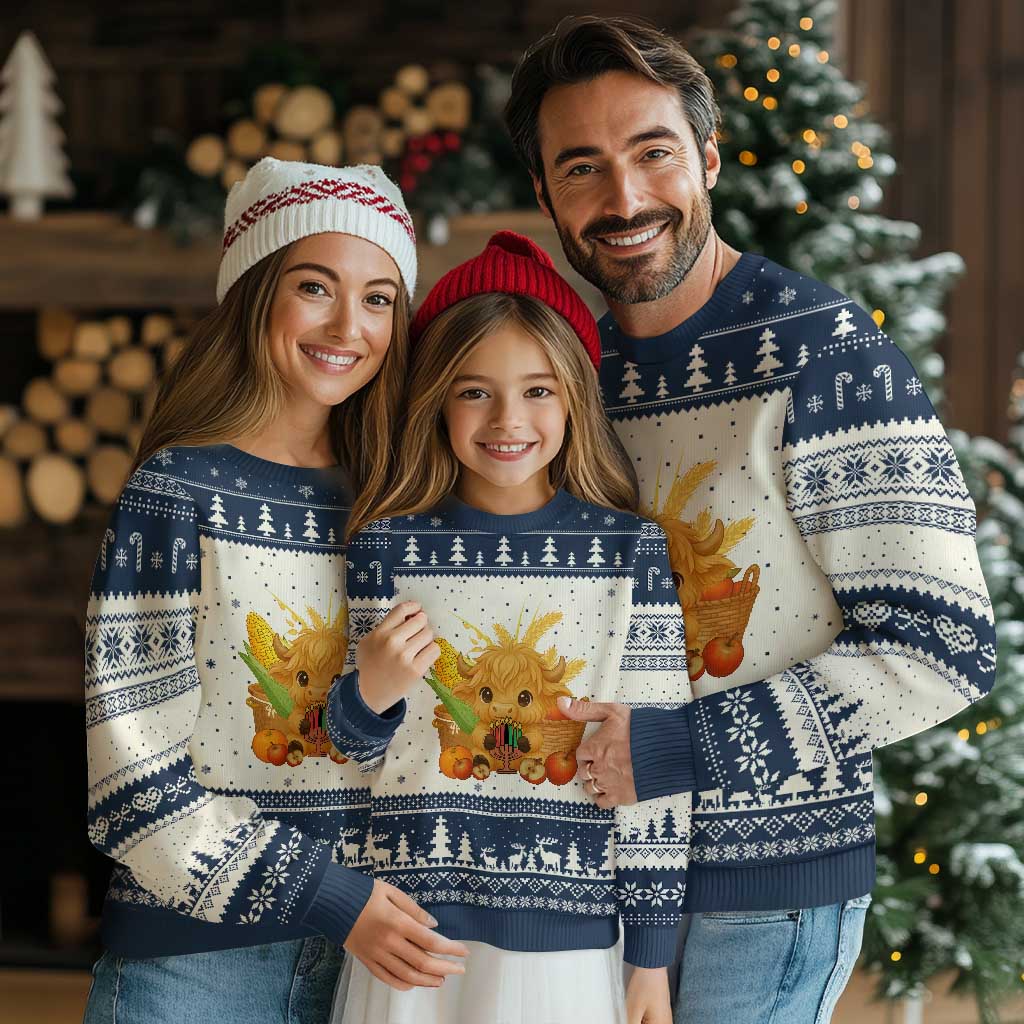 Cute Highland Cow With Kwanzaa Kinara And Presents Ugly Christmas Sweater African Heritage Gift TS12 Beige Navy Print Your Wear