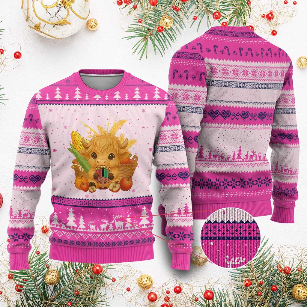 Cute Highland Cow With Kwanzaa Kinara And Presents Ugly Christmas Sweater African Heritage Gift TS12 Hot Pink Print Your Wear