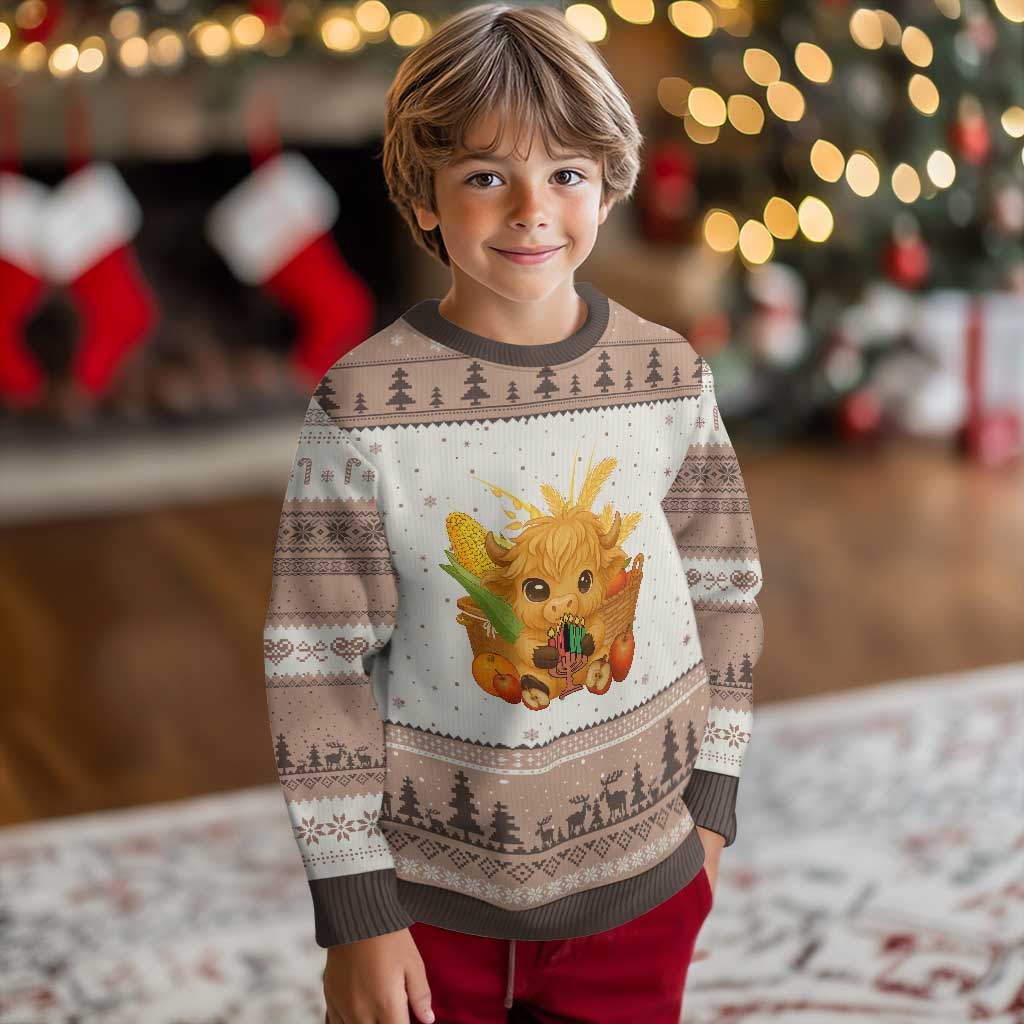 Cute Highland Cow With Kwanzaa Kinara And Presents Ugly Christmas Sweater African Heritage Gift TS12 Mocha Mousse Print Your Wear