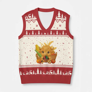 Cute Highland Cow With Kwanzaa Kinara And Presents V-Neck Knit Sweater Vest African Heritage Gift TS12 Beige Red Print Your Wear