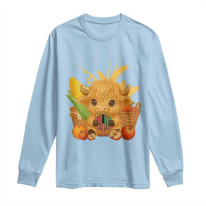 Cute Highland Cow With Kwanzaa Kinara And Presents Long Sleeve Shirt African Heritage Gift TS12 Light Blue Print Your Wear