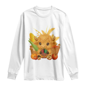 Cute Highland Cow With Kwanzaa Kinara And Presents Long Sleeve Shirt African Heritage Gift TS12 White Print Your Wear