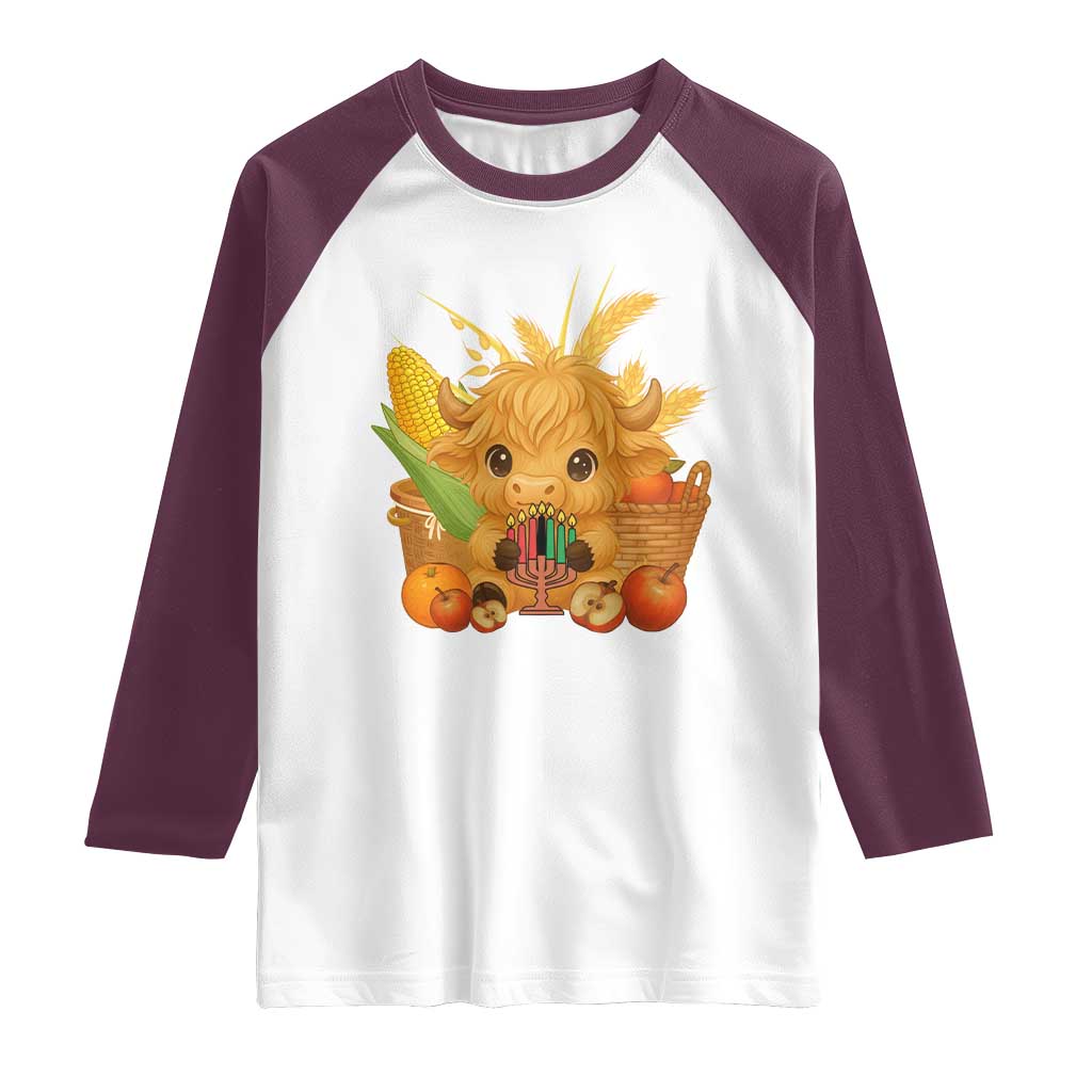 Cute Highland Cow With Kwanzaa Kinara And Presents Raglan Shirt African Heritage Gift TS12 White Maroon Print Your Wear