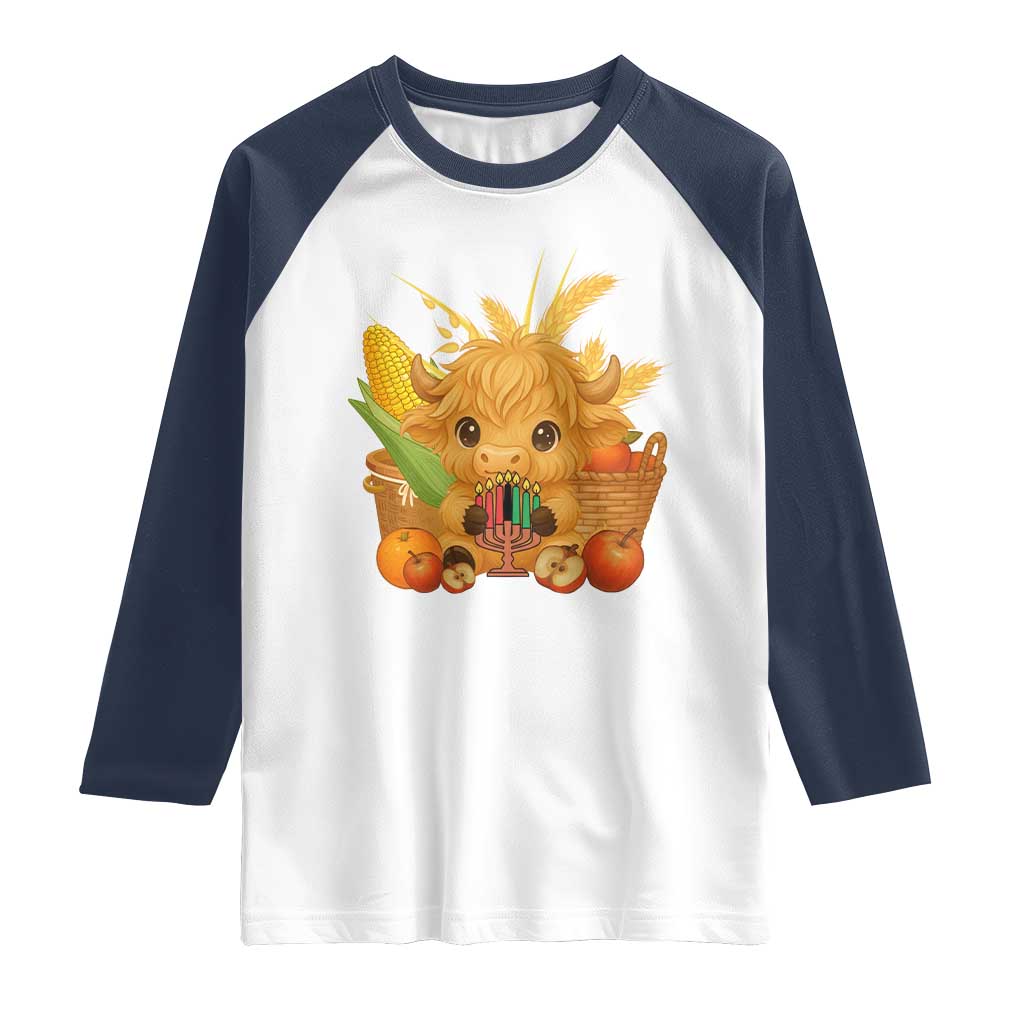 Cute Highland Cow With Kwanzaa Kinara And Presents Raglan Shirt African Heritage Gift TS12 White Navy Print Your Wear