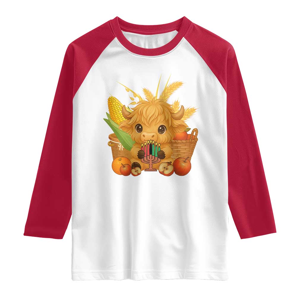Cute Highland Cow With Kwanzaa Kinara And Presents Raglan Shirt African Heritage Gift TS12 White Red Print Your Wear