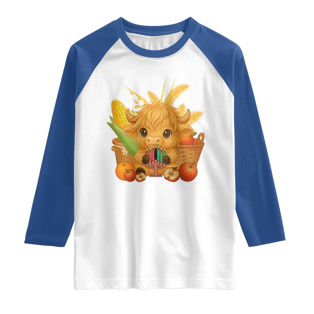 Cute Highland Cow With Kwanzaa Kinara And Presents Raglan Shirt African Heritage Gift TS12 White Royal Print Your Wear