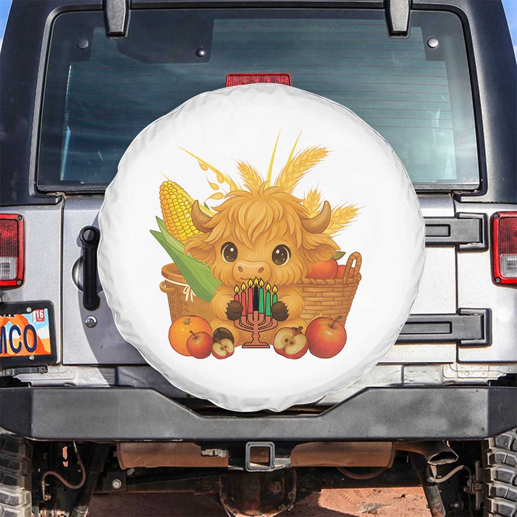Cute Highland Cow With Kwanzaa Kinara And Presents Spare Tire Cover African Heritage Gift TS12 No hole White Print Your Wear