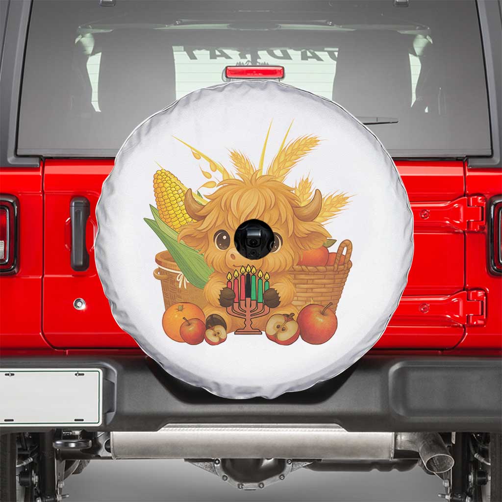 Cute Highland Cow With Kwanzaa Kinara And Presents Spare Tire Cover African Heritage Gift TS12 White Print Your Wear