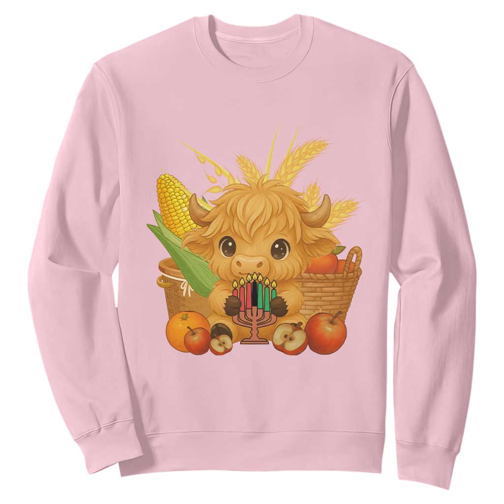Cute Highland Cow With Kwanzaa Kinara And Presents Sweatshirt African Heritage Gift TS12 Light Pink Print Your Wear