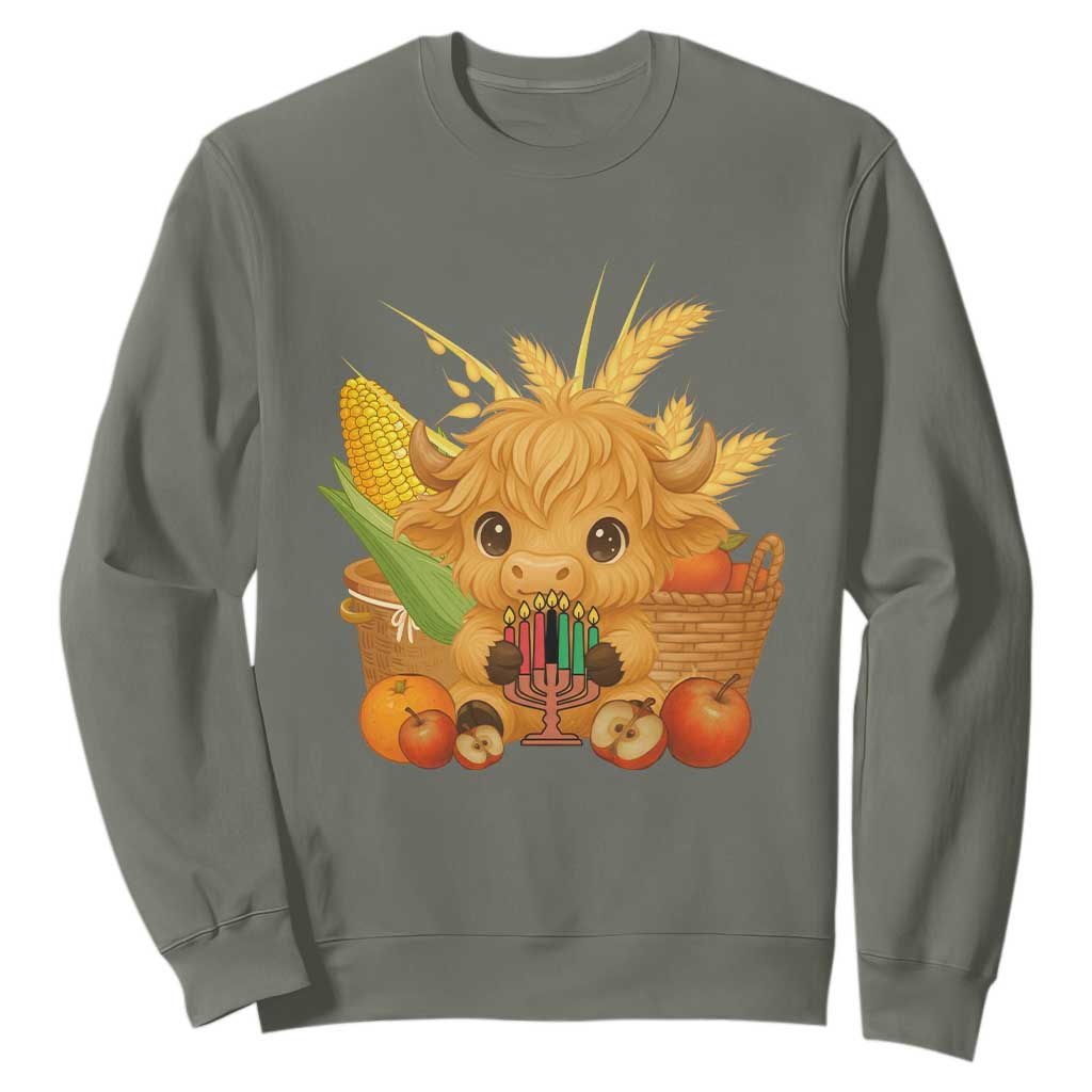 Cute Highland Cow With Kwanzaa Kinara And Presents Sweatshirt African Heritage Gift TS12 Military Green Print Your Wear
