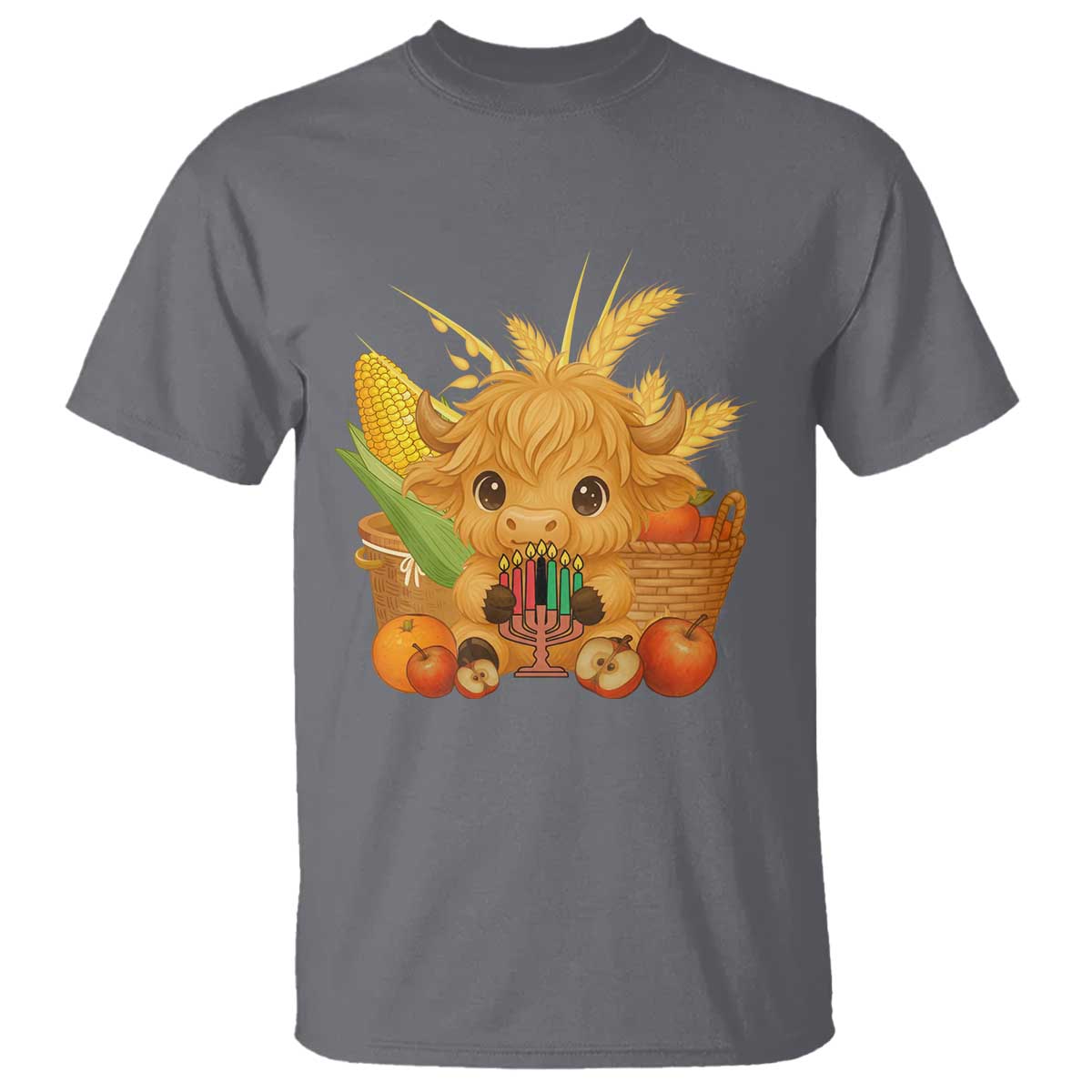 Cute Highland Cow With Kwanzaa Kinara And Presents T Shirt African Heritage Gift TS12 Charcoal Print Your Wear