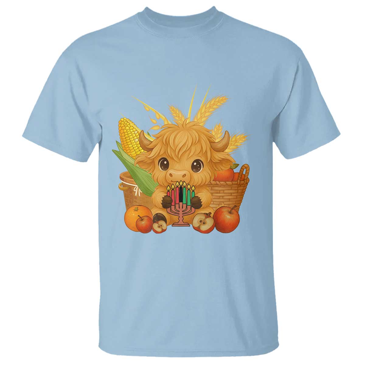 Cute Highland Cow With Kwanzaa Kinara And Presents T Shirt African Heritage Gift TS12 Light Blue Print Your Wear