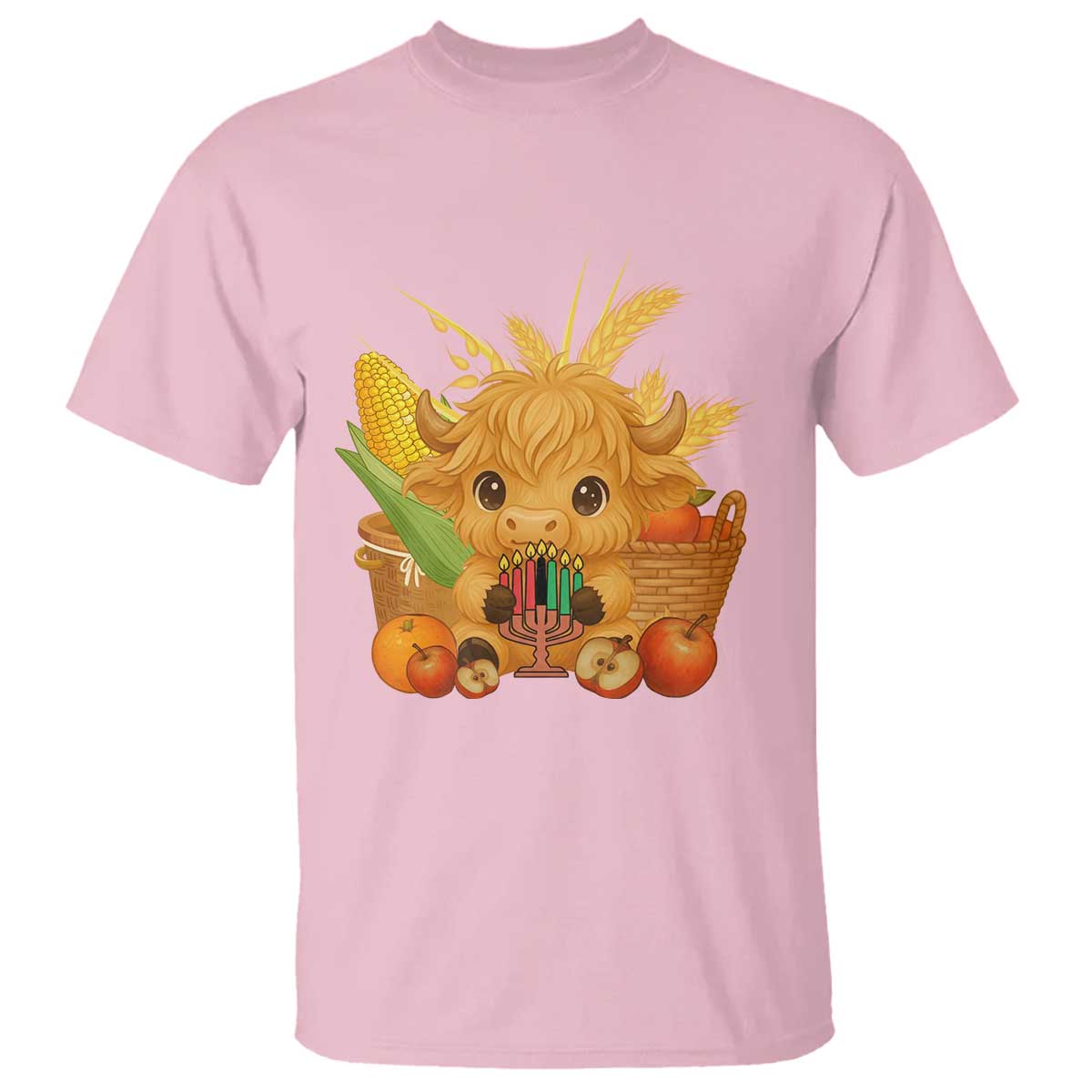 Cute Highland Cow With Kwanzaa Kinara And Presents T Shirt African Heritage Gift TS12 Light Pink Print Your Wear