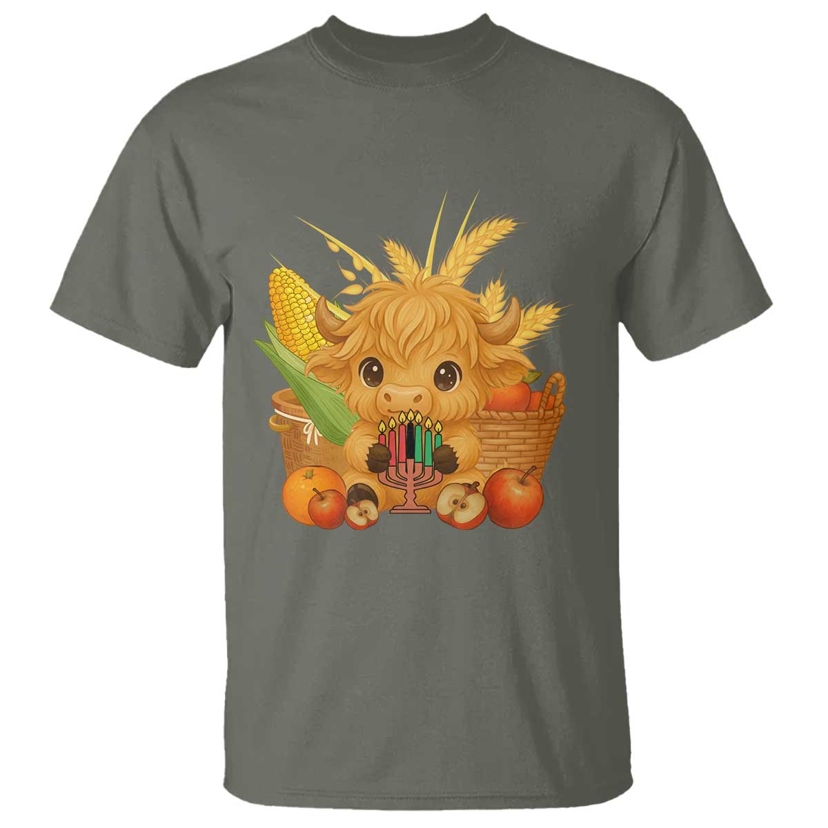 Cute Highland Cow With Kwanzaa Kinara And Presents T Shirt African Heritage Gift TS12 Military Green Print Your Wear