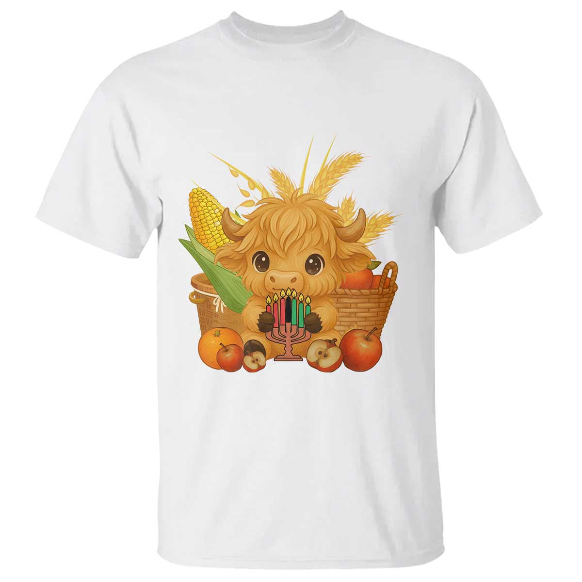 Cute Highland Cow With Kwanzaa Kinara And Presents T Shirt African Heritage Gift TS12 White Print Your Wear
