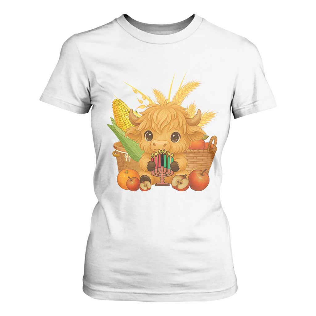 Cute Highland Cow With Kwanzaa Kinara And Presents T Shirt For Women African Heritage Gift TS12 White Print Your Wear
