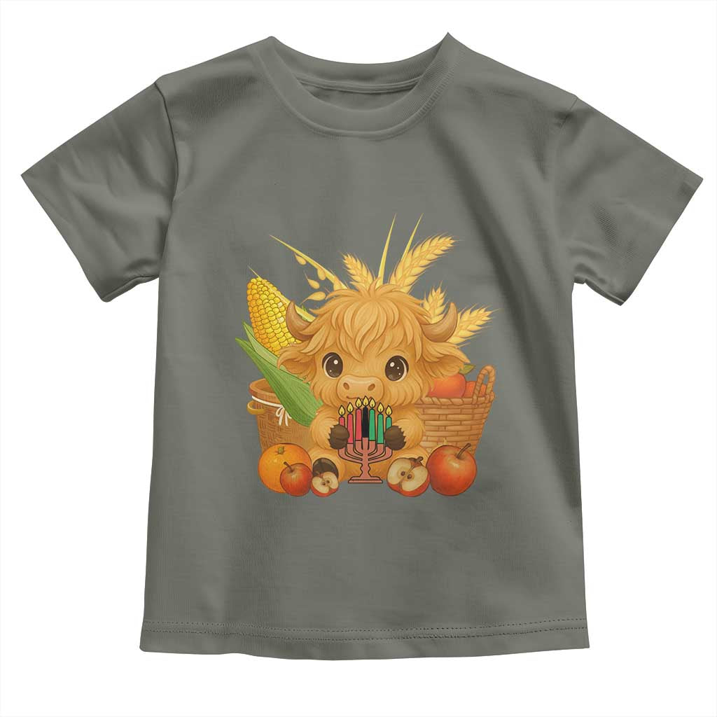 Cute Highland Cow With Kwanzaa Kinara And Presents Toddler T Shirt African Heritage Gift TS12 Military Green Print Your Wear