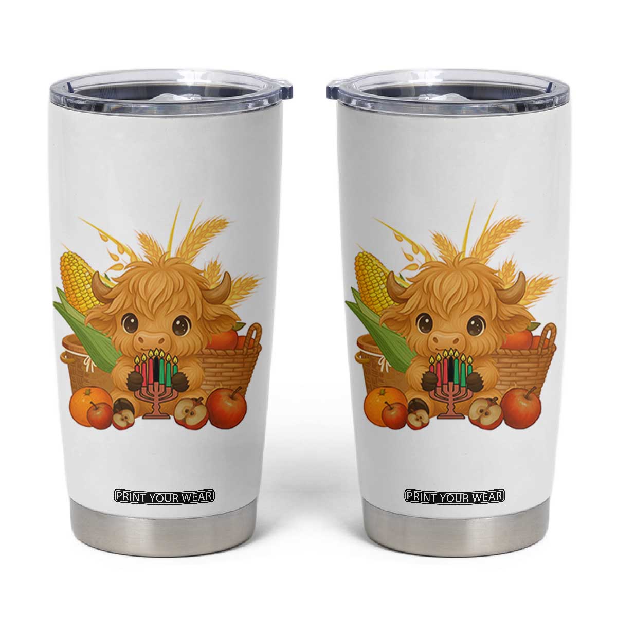 Cute Highland Cow With Kwanzaa Kinara And Presents Tumbler Cup African Heritage Gift TS12 White Print Your Wear