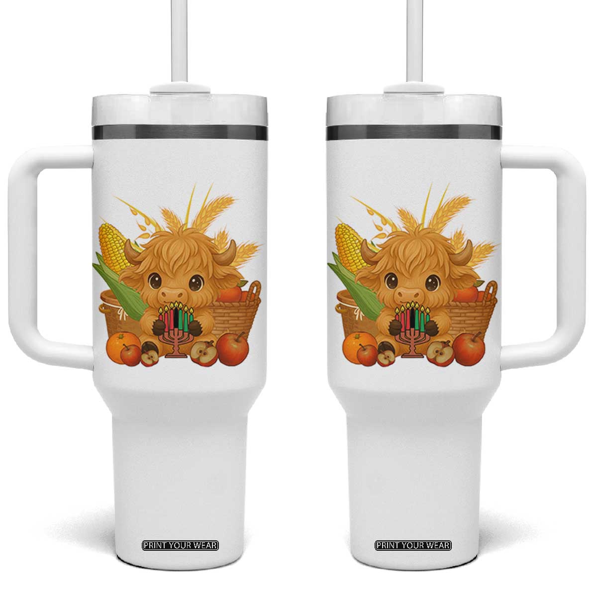 Cute Highland Cow With Kwanzaa Kinara And Presents Tumbler With Handle African Heritage Gift TS12 One Size: 40 oz White Print Your Wear