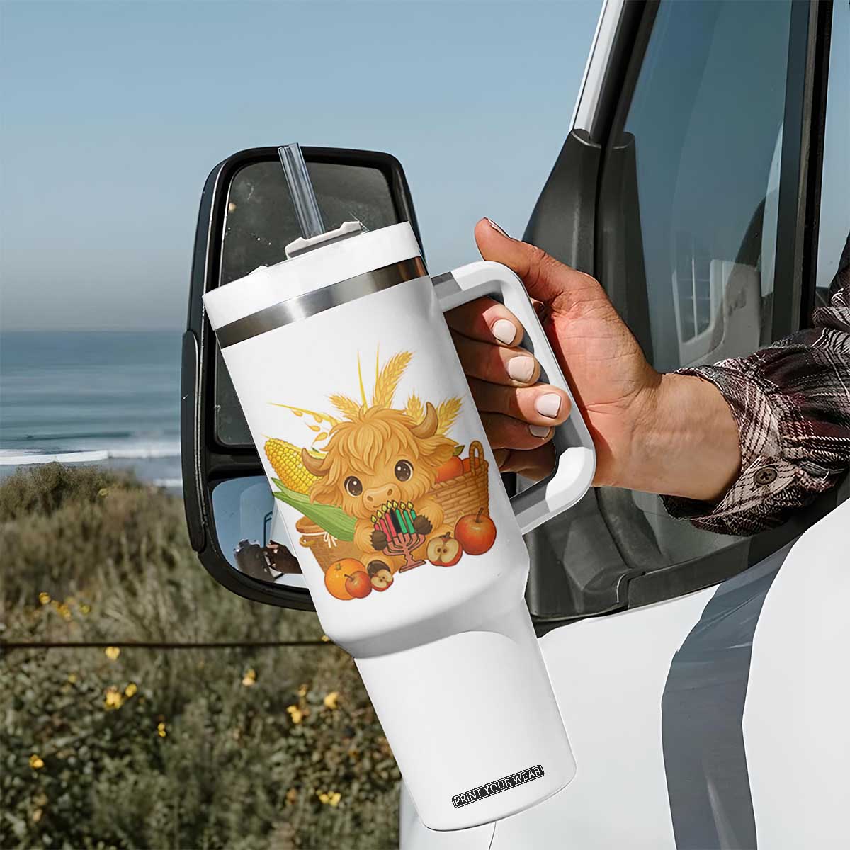 Cute Highland Cow With Kwanzaa Kinara And Presents Tumbler With Handle African Heritage Gift TS12 Print Your Wear