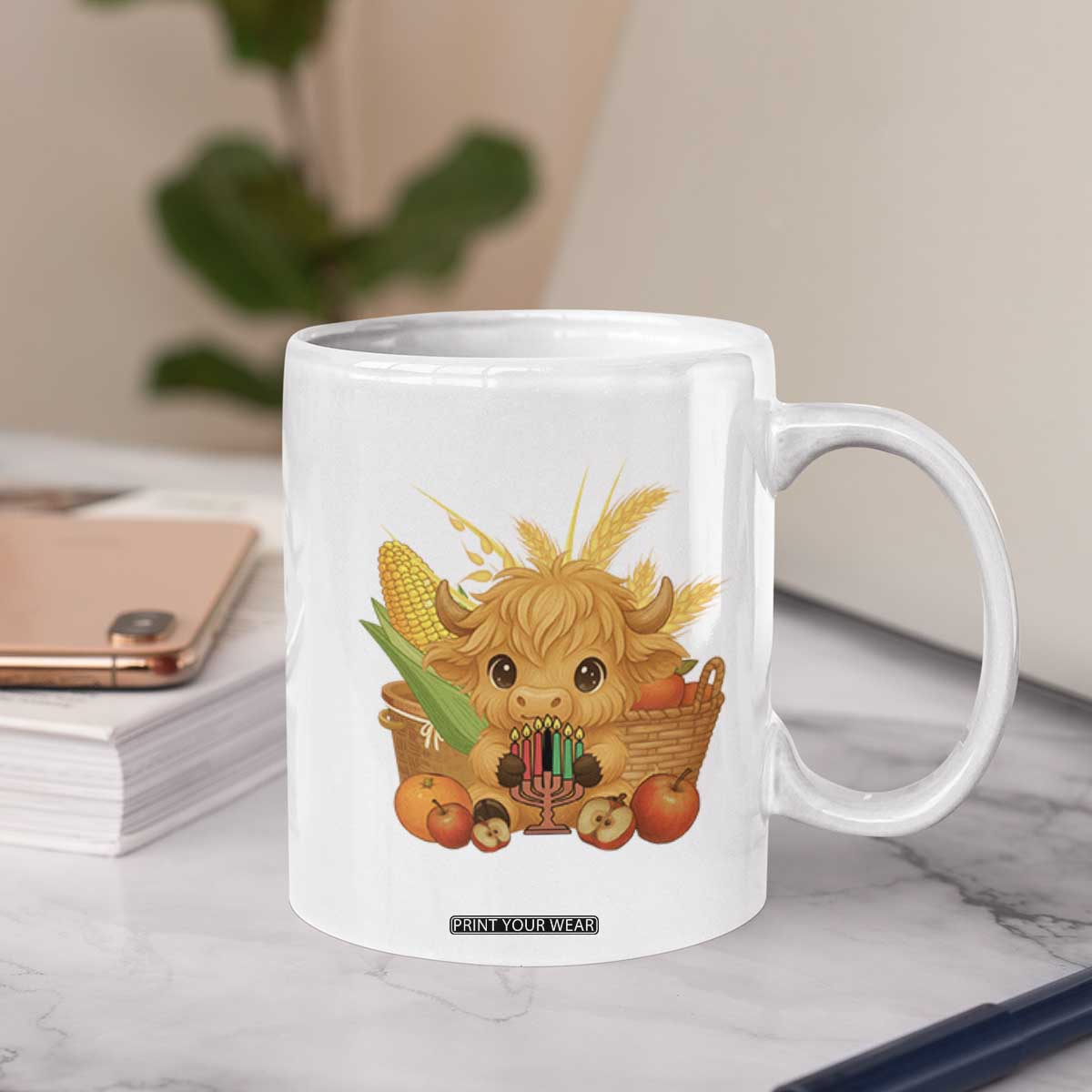 Cute Highland Cow With Kwanzaa Kinara And Presents Coffee Mug African Heritage Gift TS12 Print Your Wear
