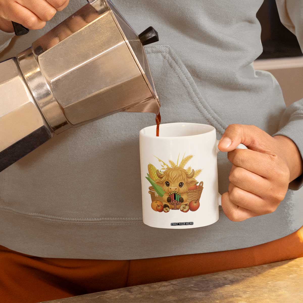 Cute Highland Cow With Kwanzaa Kinara And Presents Coffee Mug African Heritage Gift TS12 Print Your Wear