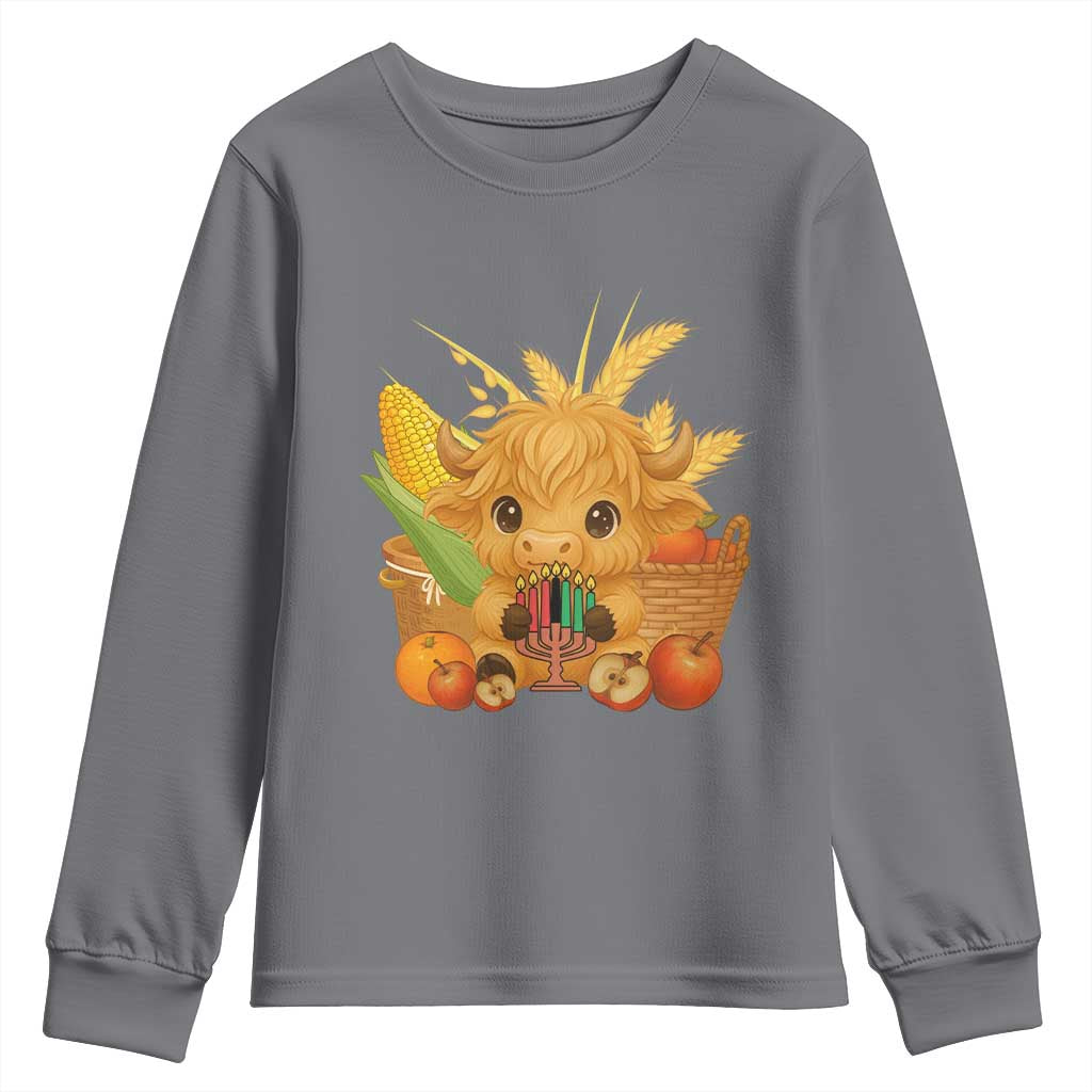 Cute Highland Cow With Kwanzaa Kinara And Presents Youth Sweatshirt African Heritage Gift TS12 Charcoal Print Your Wear