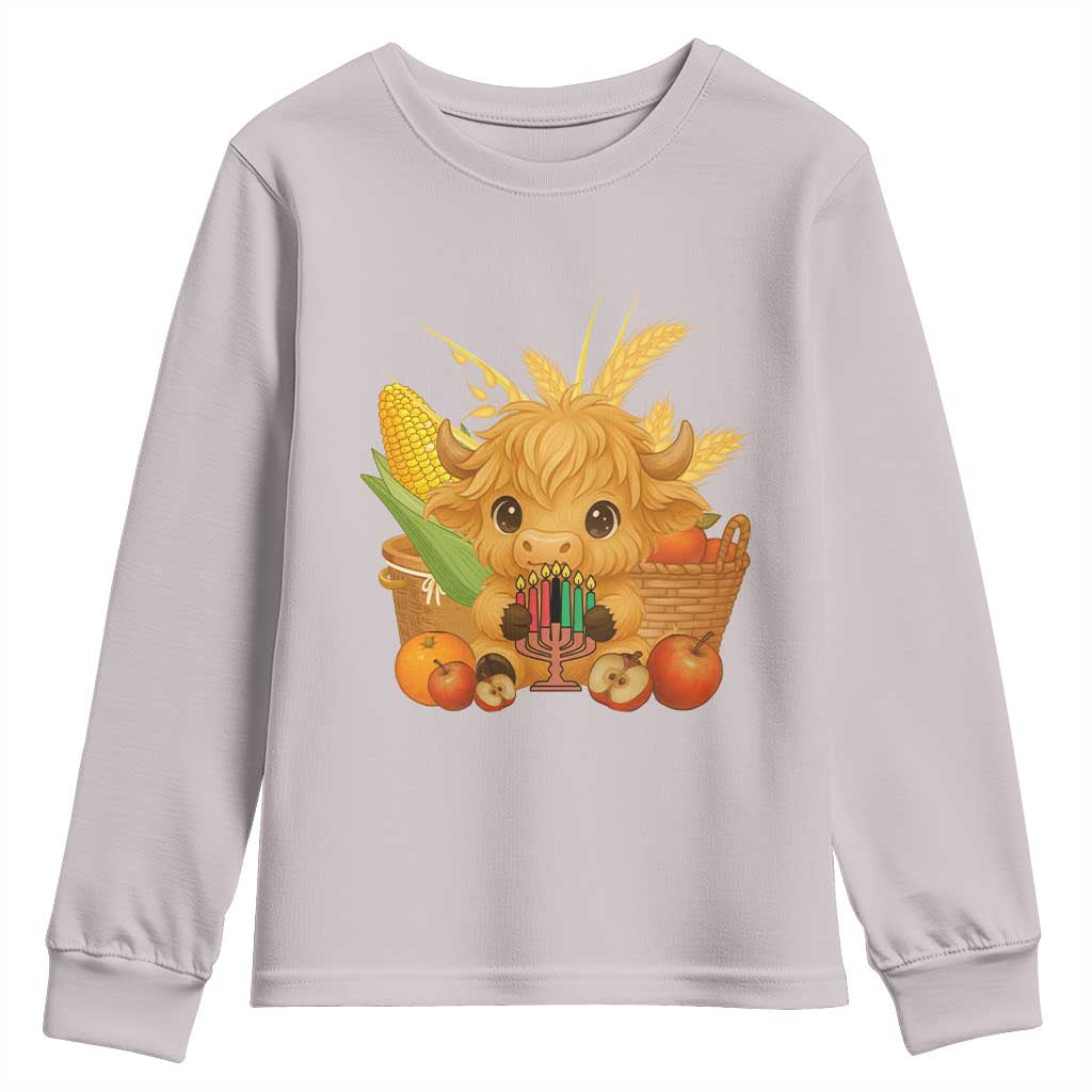 Cute Highland Cow With Kwanzaa Kinara And Presents Youth Sweatshirt African Heritage Gift TS12 Ice Gray Print Your Wear
