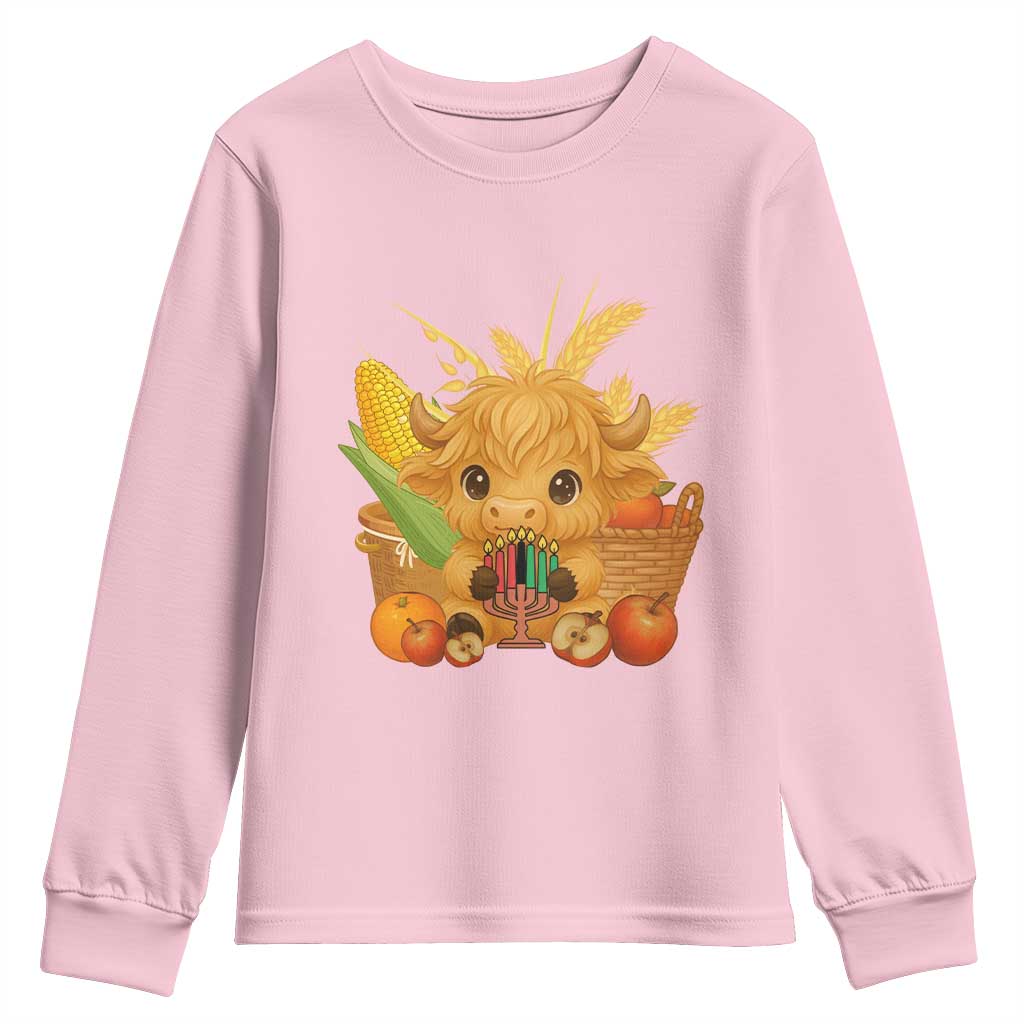 Cute Highland Cow With Kwanzaa Kinara And Presents Youth Sweatshirt African Heritage Gift TS12 Light Pink Print Your Wear