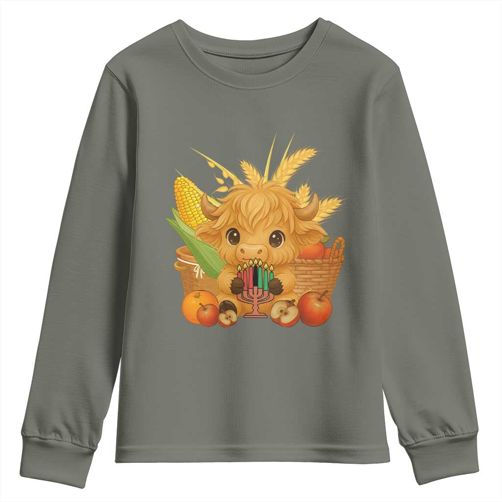 Cute Highland Cow With Kwanzaa Kinara And Presents Youth Sweatshirt African Heritage Gift TS12 Military Green Print Your Wear