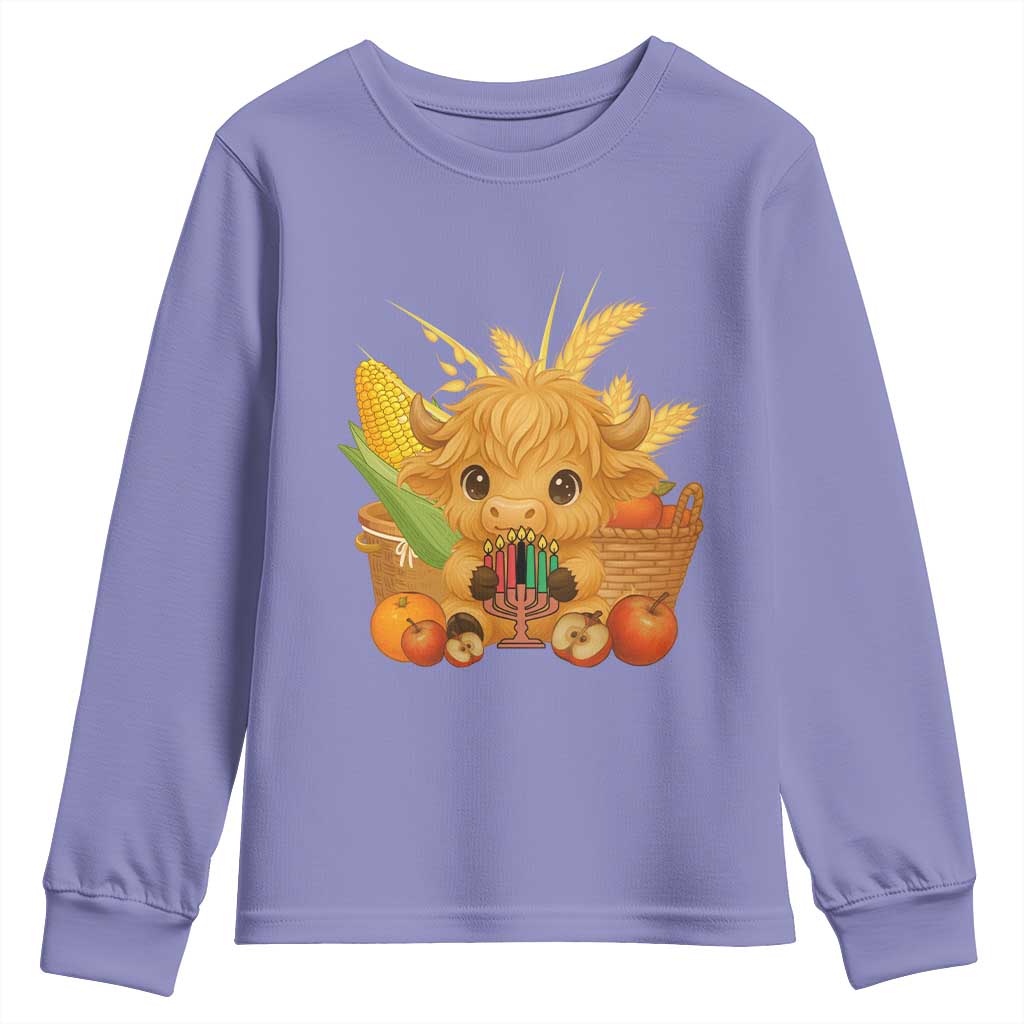 Cute Highland Cow With Kwanzaa Kinara And Presents Youth Sweatshirt African Heritage Gift TS12 Violet Print Your Wear